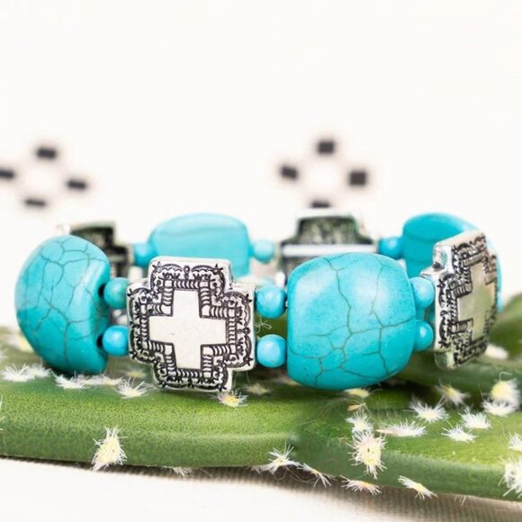 Private Label Jewelry - Turquoise & Cross Western Stretch Bracelet NWT